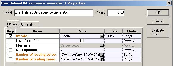 Optical System - Figure 2 - Bit sequence generator parameters