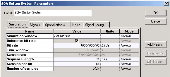 Optical System - Figure 2 - Simulation parameters for transmission at 10 Gbs