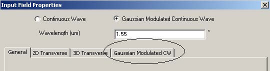 FDTD - Figure 67 Input Field Properties dialog box—Gaussian Modulated CW tab