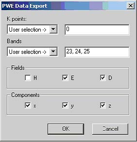 FDTD - Figure 5 PWE Data Export dialog box. User specifies k-vectors, bands as well as individual components to be exported.