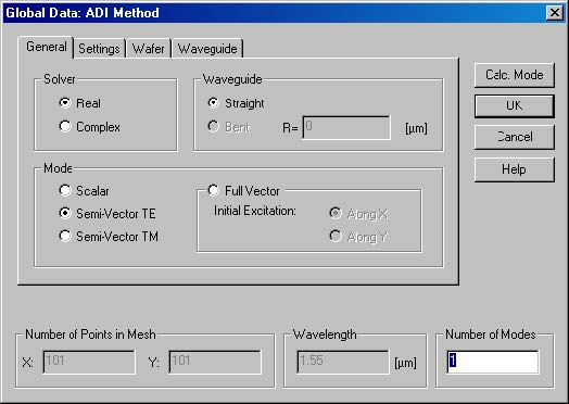 Optical BPM - Global Data - ADI Method dialog box