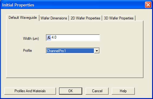 Optical BPM - Initial Properties dialog box—Default Waveguide tab