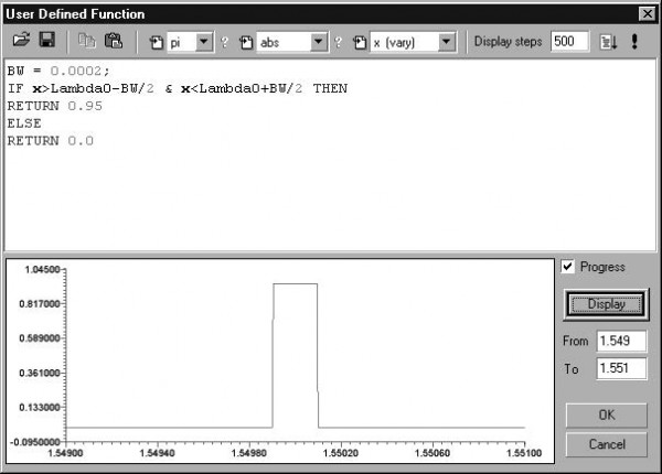 Optical Grating - Dialog box for defining the reflectivity spectrum