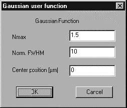 Optical Grating - Gaussian user function dialog box