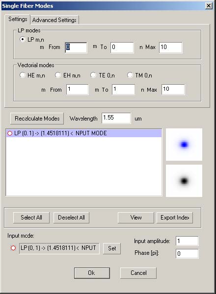 Optical Grating - Single Fiber modes dialog box
