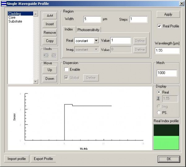 Optical Grating - Waveguide Profile dialog box