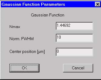 Optical Fiber - Gaussian Function Parameters dialog box