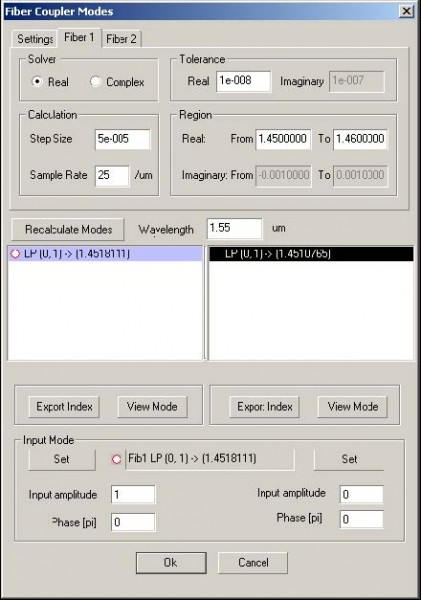 Optical Grating - Fiber Coupler modes dialog box