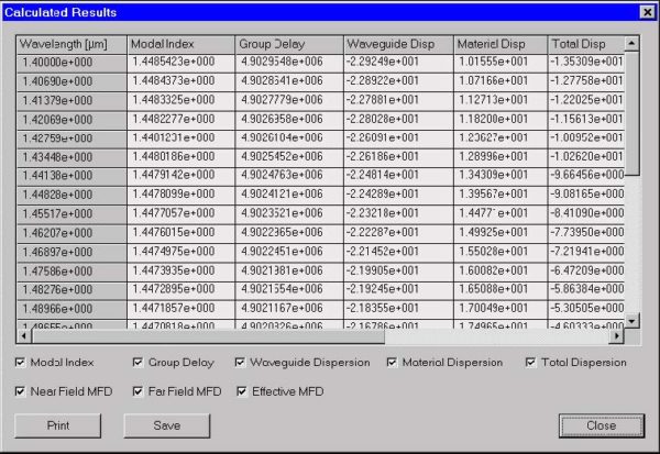 Optical Fiber - Calculated results dialog box